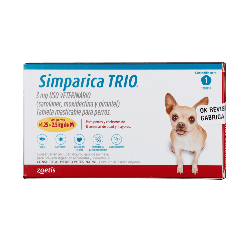 Antiparasitario Interno Y Externo Para Perro Simparica Trio 1,25 - 2,5 kg