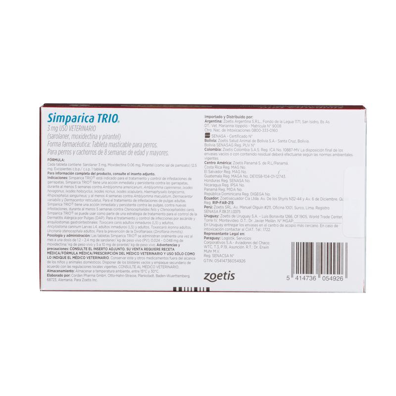 Antiparasitario Interno Y Externo Para Perro Simparica Trio 1,25 - 2,5 kg