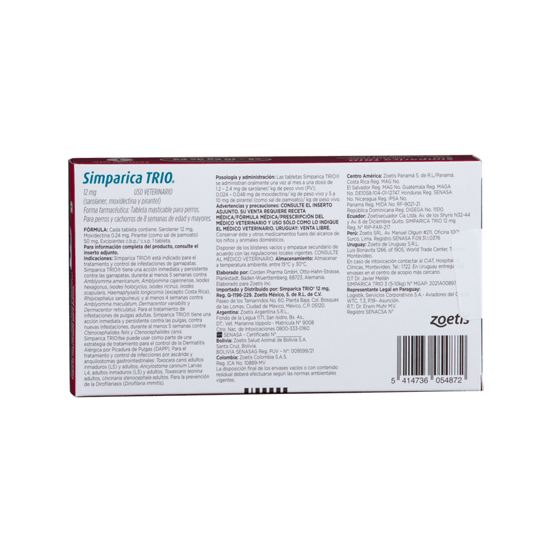 Antiparasitario Interno Y Externo Para Perro Simparica Trio 10 - 20 kg