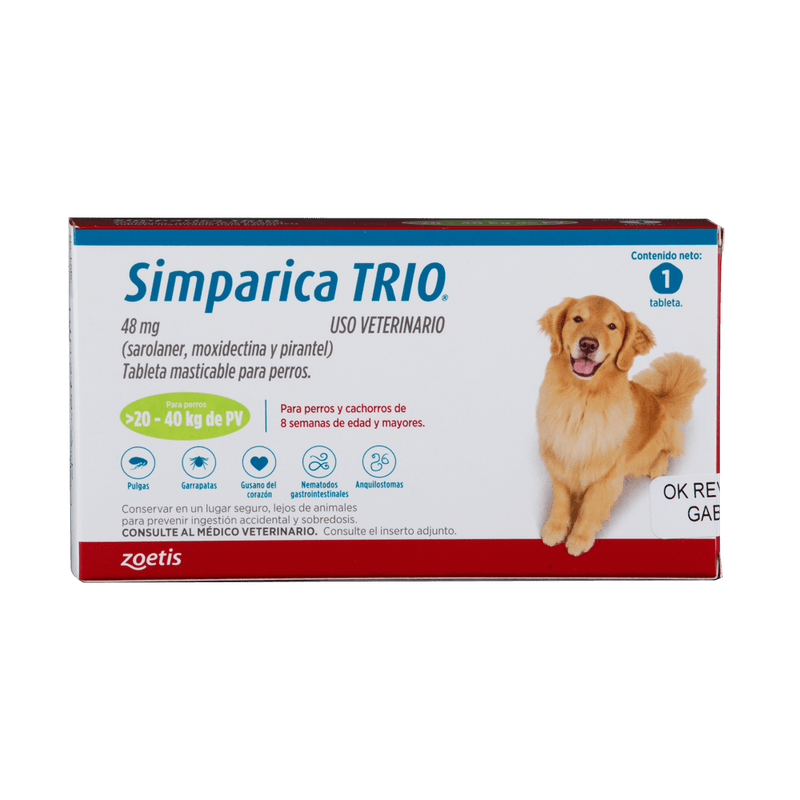 Antiparasitario Interno Y Externo Para Perro Simparica Trio 20 - 40 kg